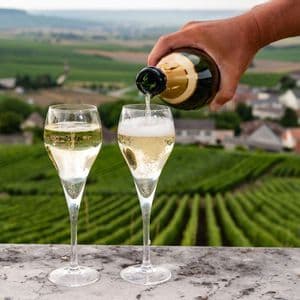 Una mano vierte vino espumoso de una botella en dos copas altas sobre un saliente de piedra con vistas a un vasto viñedo verde.