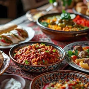 Una vista de cerca de una mesa con varios platos en cuencos ornamentados, incluyendo un guiso rojo, pan plano y albóndigas.