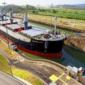Ship in the Miraflores Locks Cargo ship inside the Miraflores Locks of the Panama Canal