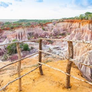 Una barandilla de madera en un mirador con vistas a un cañón con formaciones rocosas erosionadas y multicolores, y árboles verdes bajo un cielo azul.