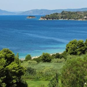Una vista dall'alto di una baia costiera con acqua blu profonda, circondata da alberi verdi e montagne distanti sotto un cielo sereno.