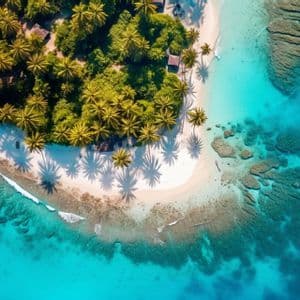 Eine Luftaufnahme einer tropischen Insel mit Palmen, einem weißen Sandstrand und klarem türkisfarbenem Wasser, das ein Riff erkennen lässt.