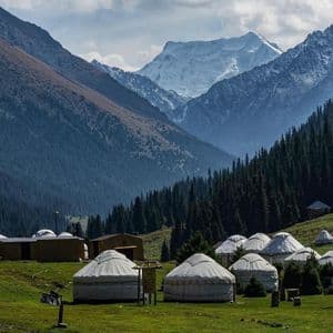 Un camp de yourtes est niché dans une vallée de montagne verdoyante avec des forêts de pins et un sommet enneigé en arrière-plan.