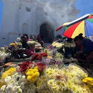 An outdoor flower market with colorful bouquets displayed on the steps of a large, white colonial church under a bright sun.