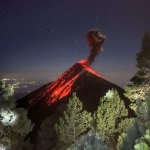 Un vulcano in eruzione si illumina con lava rossa che scorre lungo i suoi fianchi sotto un cielo notturno stellato, con pini in primo piano.
