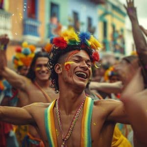 Un uomo con un copricapo di piume colorate e pittura facciale ride mentre balla in una affollata festa di strada.