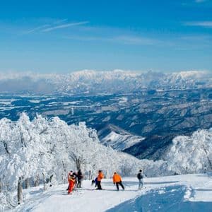 Eine WeRoad-Gruppe in Skiausrüstung steht auf einem verschneiten Hang mit Blick auf eine weite Bergkette mit schneebedeckten Bäumen.