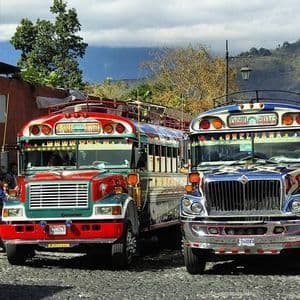 Due autobus vivacemente decorati, uno rosso e uno blu, sono parcheggiati su una strada acciottolata con montagne sullo sfondo.