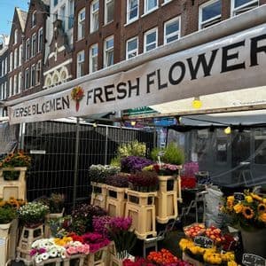 Un puesto de mercado de flores al aire libre con un cartel de 'Flores Frescas', mostrando ramos coloridos en cajas en una calle de la ciudad.