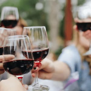 Primo piano di un gruppo WeRoad che brinda con calici di vino rosso durante un incontro all'aperto.