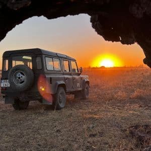 Un veicolo fuoristrada parcheggiato in una savana, incorniciato dalla silhouette di un ramo d'albero contro un tramonto splendente.