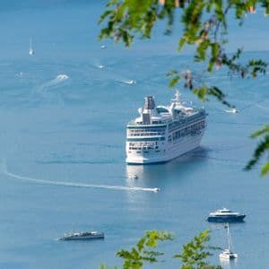 Una grande nave da crociera naviga su acque calme e blu, circondata da barche più piccole, con foglie verdi che incorniciano la vista dall'alto.