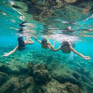 Drei Personen einer WeRoad-Gruppenreise schnorcheln gemeinsam, Hand in Hand in klarem türkisfarbenem Wasser über einem felsigen Meeresgrund.