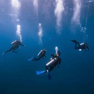Un voyage en groupe WeRoad de quatre personnes faisant de la plongée sous-marine dans des eaux d'un bleu profond, avec des bulles d'air remontant à la surface.