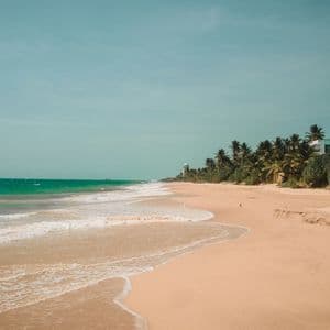 Una vasta spiaggia di sabbia incontra le onde turchesi dell'oceano, con una fila di palme e edifici sullo sfondo sotto un cielo sereno.