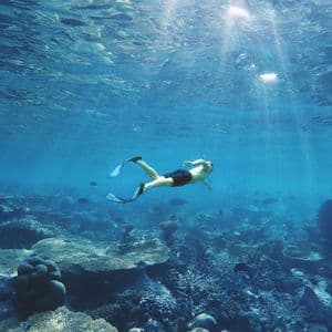Una vista subacquea di una persona con pinne che nuota sopra una barriera corallina, con raggi di sole che filtrano dalla superficie dell'acqua.