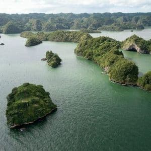 Una vista aerea di numerose isole e isolotti rigogliosi e verdi sparsi in uno specchio d'acqua verde sotto un cielo coperto.