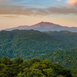 Un pico de montaña distante se eleva sobre colinas ondulantes cubiertas de densa selva verde bajo un cielo colorido al atardecer.