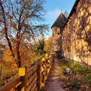 Un sendero estrecho y cubierto de hojas bordea una muralla de castillo de piedra bañada por el sol y una valla de madera, con árboles otoñales bajo un cielo azul.