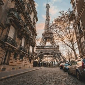 Una vista dal basso della Torre Eiffel da una strada acciottolata, incorniciata da edifici tradizionali e alberi sotto un cielo nuvoloso.