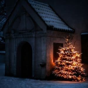 Un albero di Natale innevato con luci calde si erge accanto a un edificio in pietra con tetto in tegole, di notte.