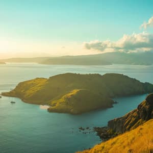 Il sole dorato illumina verdi isole che si susseguono in un mare blu sereno, viste da una collina costiera erbosa.