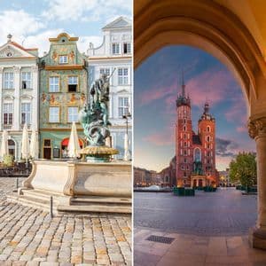 Zwei europäische Stadtplätze im geteilten Bild: Einer mit Brunnen und farbenfrohen Gebäuden, der andere mit einer Kirche bei Sonnenuntergang.