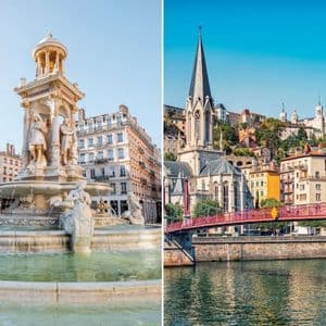 A split image showing two views of a European city: an ornate fountain in a square, and a church on a hill across a river.