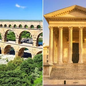 Una imagen que muestra un acueducto romano de varios niveles sobre un río y la fachada con columnas de un templo romano.