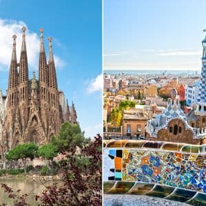 Ein zweiteiliges Bild von Barcelona, links die Sagrada Família und rechts die Mosaikbänke des Park Güell.