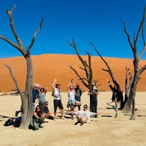 Un viaggio di gruppo WeRoad in posa tra alberi spogli, in un deserto con grandi dune di sabbia arancioni sotto un cielo azzurro.