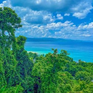 Vue plongeante sur la cime verdoyante des arbres, vers une mer turquoise et des montagnes lointaines sous un ciel partiellement nuageux.