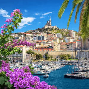 Una vista soleggiata del porto di una città costiera, piena di barche, con una basilica su una collina, incorniciata da fiori viola e una foglia di palma.