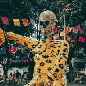 Une grande marionnette squelette au motif jaguar tenant un masque lors d'un festival en plein air avec des bannières colorées.