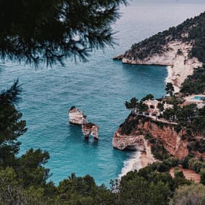 Vista aerea di un mare turchese con scogliere bianche, faraglioni e una villa a picco su una scogliera, incorniciata da rami di pino.