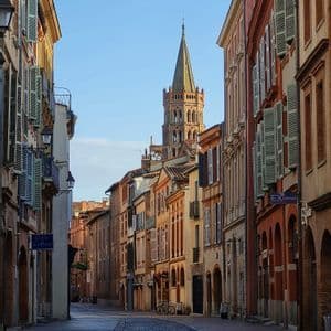 Una strada acciottolata vuota si snoda tra antichi edifici in stile europeo, portando a un'alta torre campanaria contro un cielo blu.