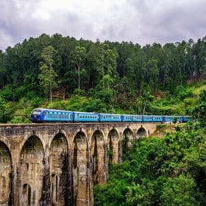 Un tren azul largo atraviesa un puente de arco de piedra rodeado por un denso bosque verde bajo un cielo nublado.