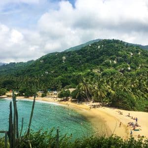 Vue plongeante d'une crique tropicale avec une plage de sable, une eau turquoise et une colline verdoyante couverte de forêt.