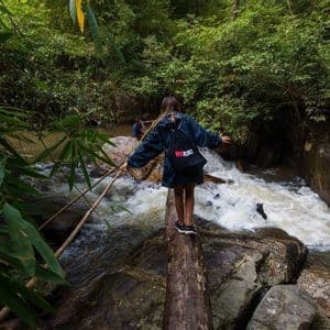 Une personne d'un voyage de groupe WeRoad s'équilibre sur une bûche pour traverser une rivière impétueuse dans une forêt verte dense.