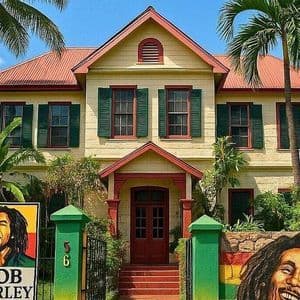 El exterior del Museo Bob Marley, de color amarillo, una casa de dos pisos con persianas verdes y ribetes rojos, detrás de un portón con retratos del artista.
