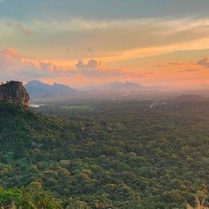 Panoramica di un'imponente formazione rocciosa che emerge da una vasta foresta verde, sotto un cielo colorato al tramonto, con montagne in lontananza.