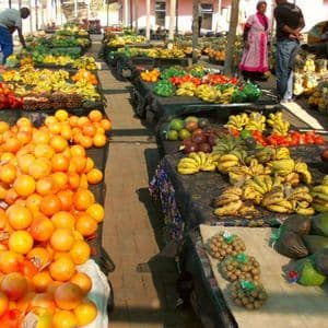 Un mercato all'aperto con lunghe bancarelle che espongono cumuli di arance fresche, banane, avocado e altri frutti tropicali.