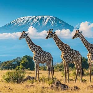 Tre giraffe sono in fila su una savana erbosa con una grande montagna innevata sullo sfondo.