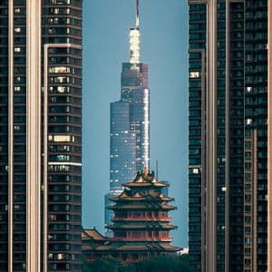 Una pagoda tradizionale su una collina e un moderno grattacielo sono incorniciati tra due alti condomini contro un cielo blu.