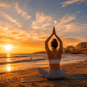 Una donna di spalle pratica yoga su un tappetino da spiaggia, di fronte a un tramonto dorato sull'oceano con una città sullo sfondo.