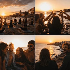 Un collage di quattro immagini che mostrano un viaggio di gruppo WeRoad mentre fa yoga, brinda e si gode il tramonto in riva al mare.