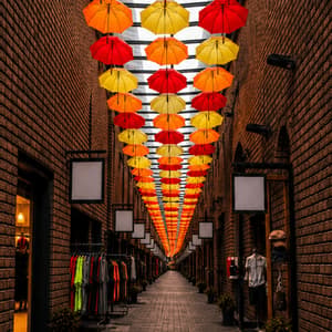 A canopy of red, yellow, and orange umbrellas hangs above a long, narrow brick shopping alley.