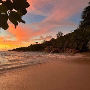 Una spiaggia sabbiosa al tramonto con dolci onde, una costa rocciosa e alberata e un cielo arancione e rosa.