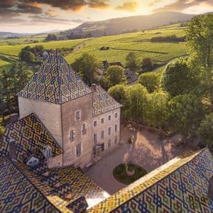 Vue aérienne d'un château au toit de tuiles géométriques colorées, entouré de vignobles luxuriants sur des collines vallonnées au coucher du soleil.