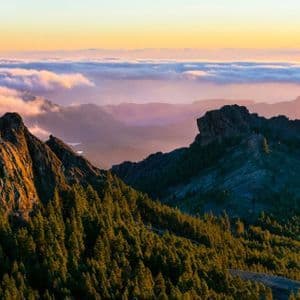 Vette montuose rocciose ricoperte di pini si innalzano sopra un mare di nuvole al tramonto.